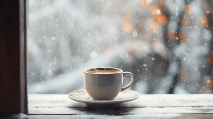 A hot cup of black coffee is placed on the table by the snow-falling window. 