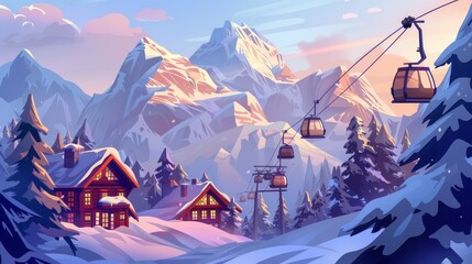 A winter mountainside landscape with houses or chalets and a funicular. A ski resort settlement with a cableway over spruce trees and snow-covered mountains. A wintertime vacation cottage, Cartoon - obrazy, fototapety, plakaty