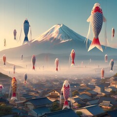 Showa day backgrouund with a peaceful scene of a carp streamers and mount fuji.