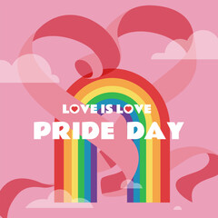 A heart-shaped ribbon weaving through a rainbow archway, concept illustration for Pride Day