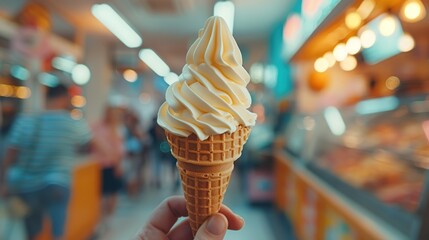 Tantalizing Vanilla Ice Cream Cone Against Vibrant Shop Background - obrazy, fototapety, plakaty