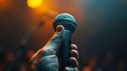 Hand holding microphone with stage lights - obrazy, fototapety, plakaty