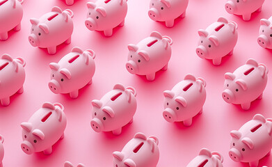 Array of pink piggy banks on pink background. Personal Savings and Financial Investment. 