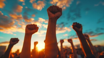 Silhouetted fists raised in solidarity at sunset.