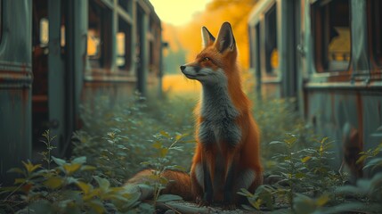 A fox sits nearby and looks at me. - obrazy, fototapety, plakaty