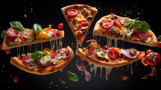 pizza image for commercial, with light background, with flying ingredients