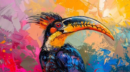Abstract, colorful depiction of a Hornbill bird, serene style, oil with palette knife, on a multihued background with theatrical lighting - obrazy, fototapety, plakaty