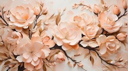 delicate springtime blossoms painted in peach tones on canvas using oil paints