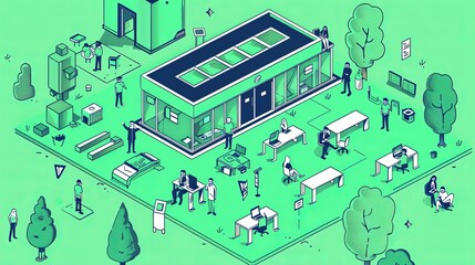 An isometric web banner of a green campus with people working and studying in a modern glass building, a university, a coworking space, a place to work for students or employees of a company, a 3D