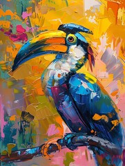 Colorful abstract painting of a Hornbill bird, serene theme style, palette knife oil on a lively background, with dramatic lighting and vivid accents