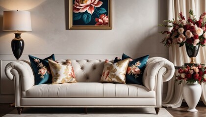 Luxurious living room setup with a white tufted sofa, vibrant floral cushions, an ornate lamp, and a framed floral painting.. AI Generation