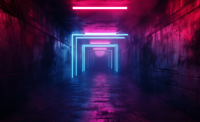 Dark underground passage with escolator and neon light