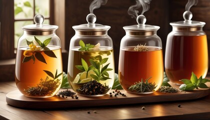 A wooden tray holding four transparent jars filled with different types of herbal tea, steam rising from the jars, highlighting their freshness and aroma.. AI Generation