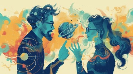 A male classical physicist and a female quantum physicist brainstorming together, magazine illustration