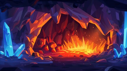 Dark cave with hot lava. Modern illustration of molten magma flowing through rock tunnels. Sparks and blue crystals are growing on stone walls.