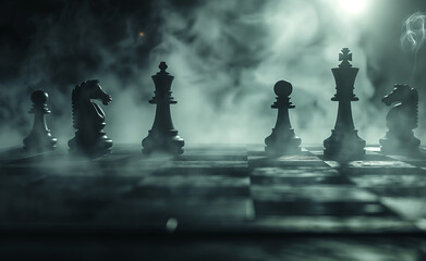 Naklejka premium Chess Figures on a Dark Background. Strategic Fog. Epic Chess Game Battle. Chess Game Concept.