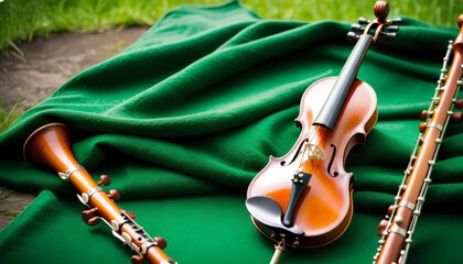 A violin and woodwind instruments rest on a lush green fabric, capturing the elegance of classical music elements in nature.. AI Generation