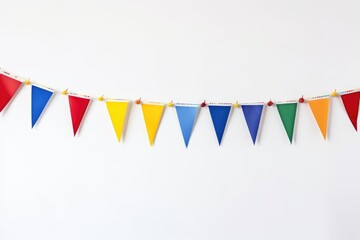 A vibrant and colorful triangular pennant banner hung against a white background, ideal for...