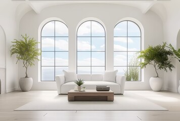 a white living room with large windows and arches