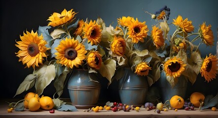 Arrangement of oil-painted sunflowers