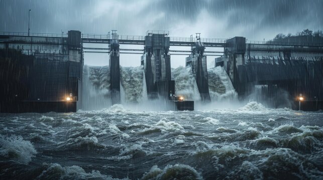 Majestic Overflowing Dam in Torrential Rainstorm