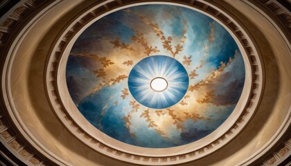 An exquisite ceiling fresco capturing a celestial scene with clouds and light in a classical architectural rotunda.. AI Generation