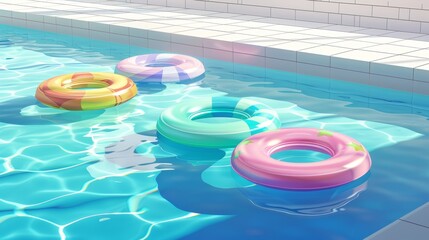 Modern illustration of swimming pool with several colorful inflatable rings floating on a clean surface over tiled floor, hotel, summer vacation background, horizontal banner template. - obrazy, fototapety, plakaty