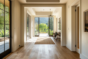 Fototapeta premium Bright, airy corridor with an open door leading to an outdoor area, combining natural beauty with refined interior design