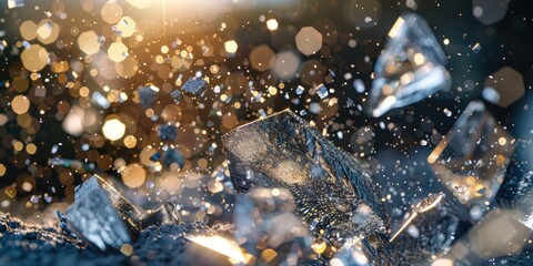 Sparkling Ice Crystals Against a Dark Background with Golden Bokeh - obrazy, fototapety, plakaty