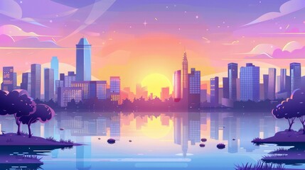 Modern illustration of sunset city skyline architecture near waterfront, modern megapolis with skyscrapers under purple sky, cartoon modern illustration of skyline architecture. - obrazy, fototapety, plakaty