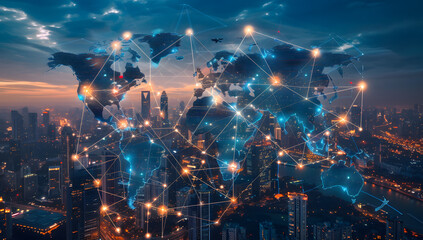 Obraz premium Global Connectivity Map: A Futuristic View of Urban Trade
