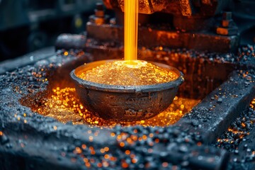 Close-up of intense heat and glow as molten metal flows into a crucible in an industrial environment