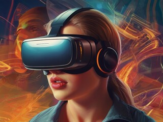 Amazed young woman during the VR experience. Glasses of virtual reality - 782908516