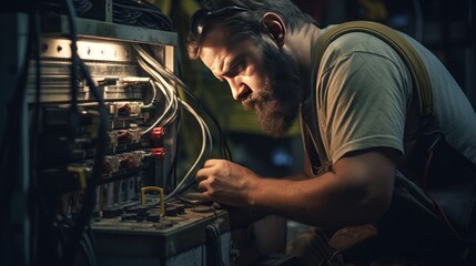 Electrician working on checking and maintenance equipment 