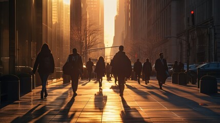 Silhouette of Employees walking to work in the city at sunrise 