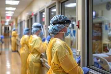 A medical professional in yellow PPE looks on intently through a window in a hospital, highlighting vigilance in healthcare