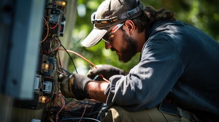 Electrician working on checking and maintenance equipment 