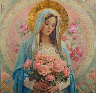 A beautiful painting of the Mary, holding roses in her hands and wearing blue white with an illuminated halo on top