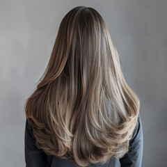 Naklejka premium Woman long ash-brown hair with highlights, cascading down her back