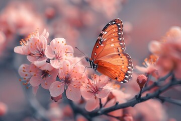 Vibrant orange queen butterfly with detailed wings textures perched on cherry blossoms, symbolizing...