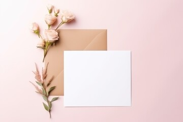 Pink roses and a blank card on a soft pastel background, perfect for invitations or announcements. Elegant Pink Roses with Blank Card Mockup