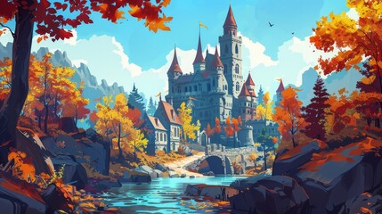 A fairy tale castle with turrets surrounded by water, a rocky road leading to a fantasy fortress gate are depicted in an autumn landscape. Illustration of a fairy tale kingdom palace with turrets. - obrazy, fototapety, plakaty