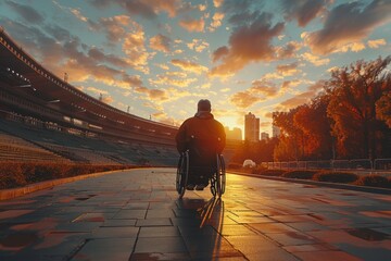 An inspiring image capturing the silhouette of a person in a wheelchair against the backdrop of a setting sun in a stadium alley, symbolizing hope and determination
