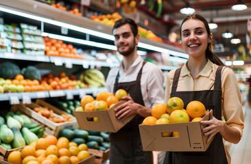 Young smiling female and male store employees in aprons holding boxes of fruits, vegetables and oranges at the fruit section on background stock photo