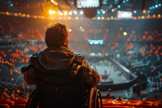 A captivating image showcasing the excitement and anticipation of a spectator in a wheelchair at a brightly lit indoor arena event