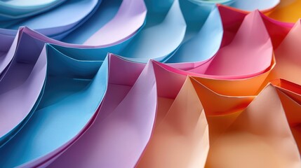 Background macro image of colorful origami pattern made of curved sheets of paper.