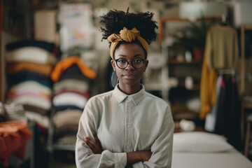 dark-skinned young woman fashion designer with her arms crossed on her chest against the background of her atelier - obrazy, fototapety, plakaty