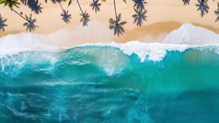 Fototapeta na wymiar picturesque beach with white sand, turquoise waves and palm trees, top view, summer background, wallpaper
