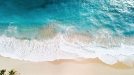 picturesque beach with white sand, turquoise waves , top view, summer background, wallpaper
