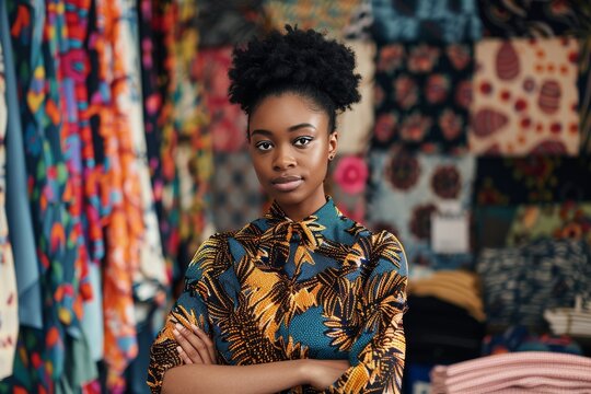 dark-skinned young woman fashion designer with her arms crossed on her chest against the background of her atelier